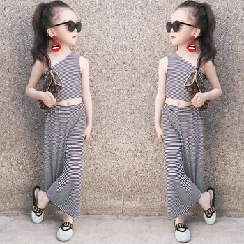 

Summer New Style Girls Stripes Sloping Shoulder Vest Loose Pants Two-Piece Set Single shoulder slope collar girl set