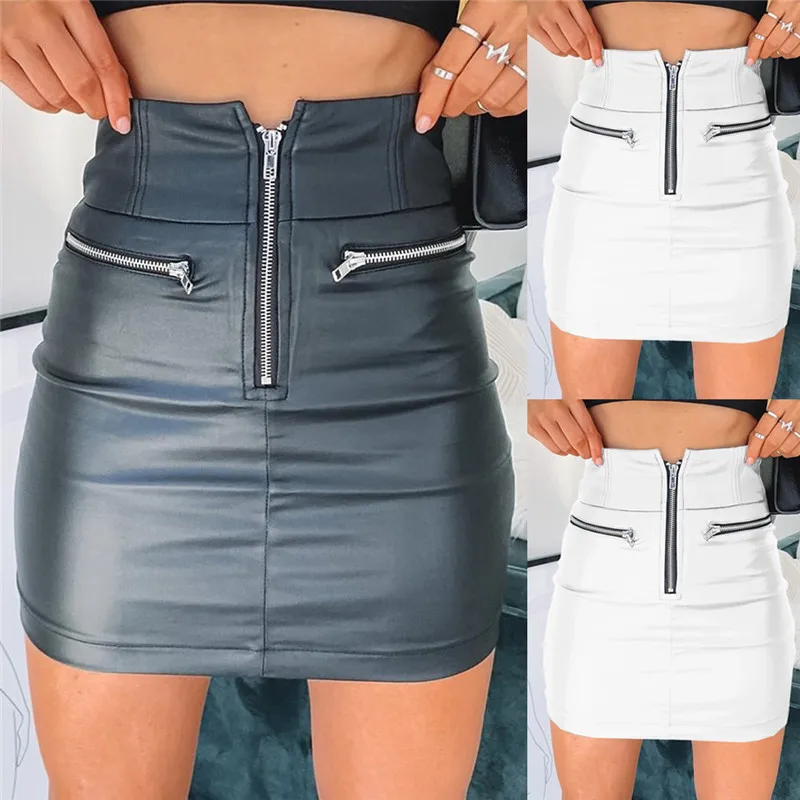 

2020 New Women PU Leather Zipper Skirt Clubwear High Waist Pencil Skirt Bodycon Short Mini Skirt Summer Hot Black White