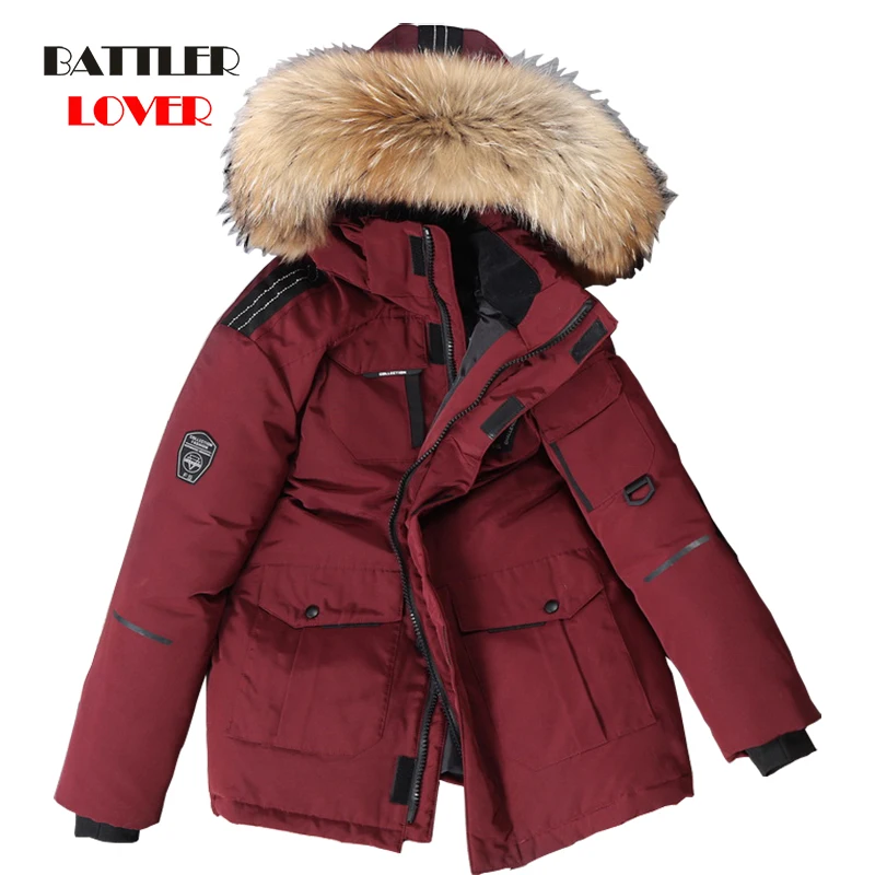 -30 Degree Men Winter Down Jacket Coat 100% White Duck Down Parkas for Male Mid-length Real Fur Collar Thick Snow Overcoat M-3XL