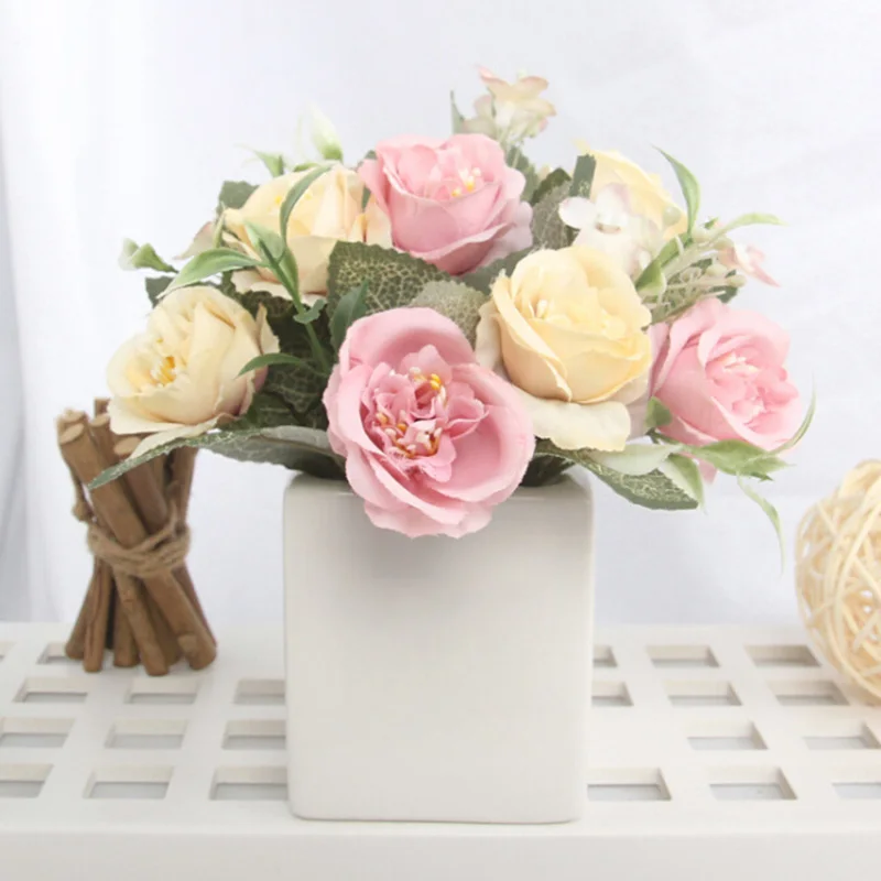 

Artificial Rose Flowers Mini Bonsai Set Wedding Decoration with Ceramic Pot Real Touch Fake Flowers for Home Desk Decor Ornament