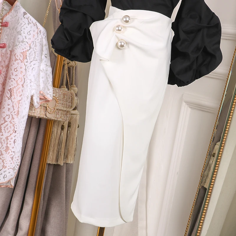 

2019 Year New Fashion Pearl Beading Ruffles Straight Skirt Solid Color Elegant Work Office Business Lady Skirts Clothes