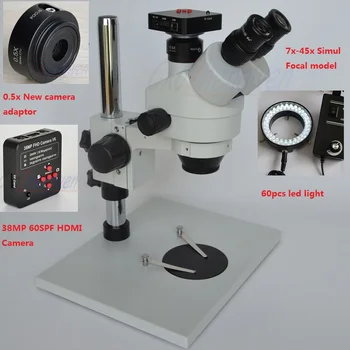 

38MP HDMI Camera with New Camera 0.5x c-mount 7-45X Simul Focal Trinocular mobile phone repair Microscope+60PCS LED