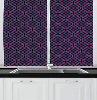 

Sea Blue Magenta Pink Gingham Kitchen Curtains Scottish Style Tartan Inspired Diagonal Layout for Kitchen Cafe Decor