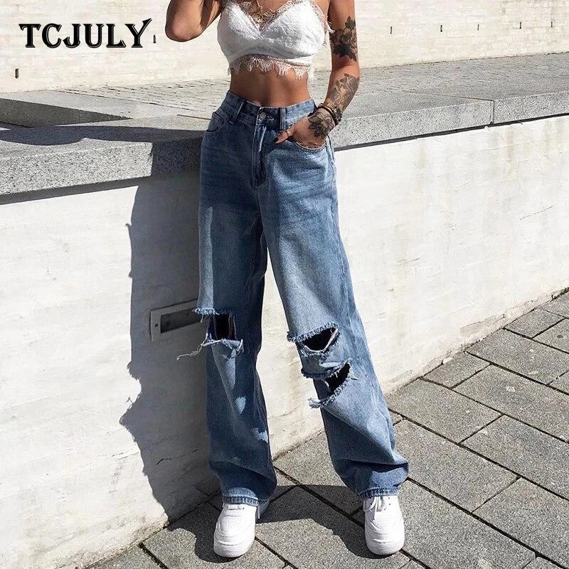 TCJULY, новинка, корейский стиль, отбеленные, потертые, повседневные, синие джинсы, прямые, джинсовые штаны с дырками, уличная одежда, узкие, рваные джинсы для женщин