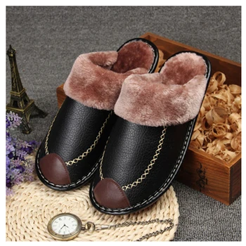 Zapatillas térmicas antideslizantes de piel auténtica para hombre, calzado para casa, para invierno, 2019