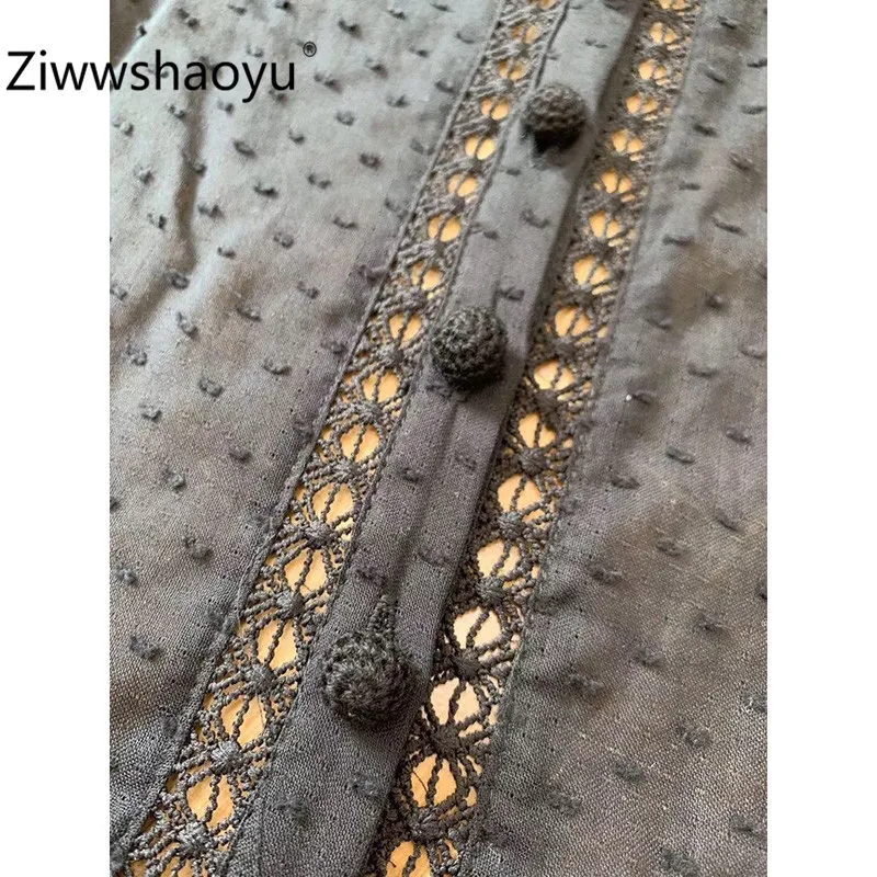 Ziwwshaoyu Сексуальная Открытая Вышивка Черная хлопковая блузка рубашка Женская Осенняя брендовая дизайнерская блузка с рукавами-фонариками Топы