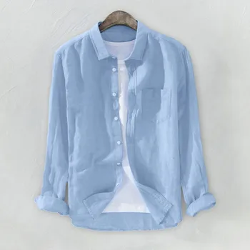 2021 Men's Baggy Solid Cotton Linen Shirt Long Sleeve Button Pocket Plus Size T Shirts Casual Fashion Comfy Loose Shirts Рубашка 11