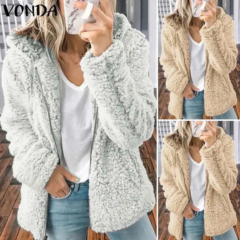 Женские пальто из искусственного меха VONDA, Осень-зима, пальто с капюшоном, куртки, на молнии, с длинным рукавом, утепленный флисовый кардиган, пальто, большие размеры
