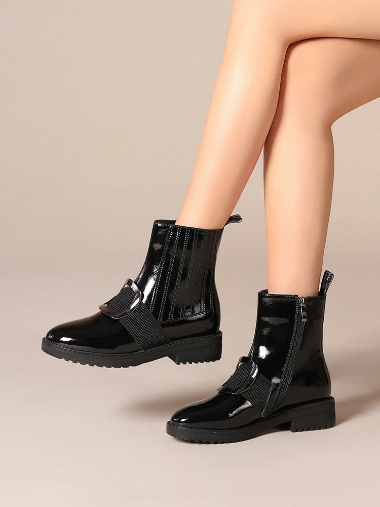 Trendy Full Grain Cow Leather Ankle Boots For Ladies Size 34-42 Big Metal Square Buckled Booties Women Biker Shoes Autumn
