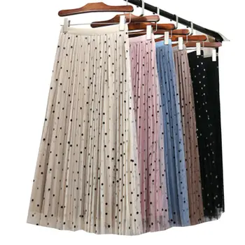 

Women Summer Beach Skirts Ladies Holiday High Waist Pleated Skirt with Dot Mesh Lace Girls Ladies Skirts