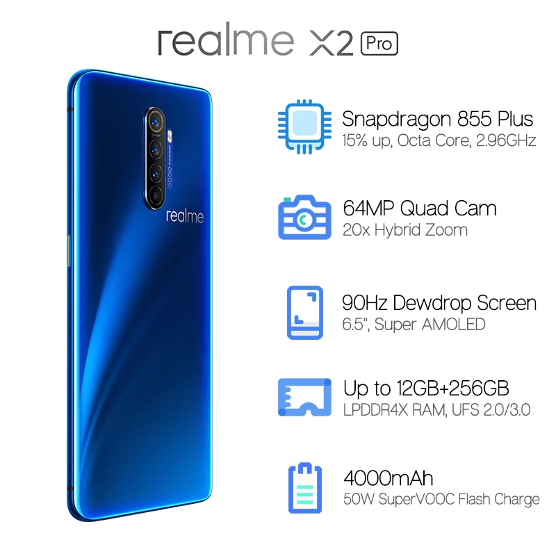 Realme X2 Pro X 2 Pro 6 ГБ 64 Гб мобильный телефон Snapdragon 855 плюс 6,5 ''amoled 64MP Quad Камера 90 Гц ближней бесконтактной связи 50 Вт VOOC Быстрая зарядка