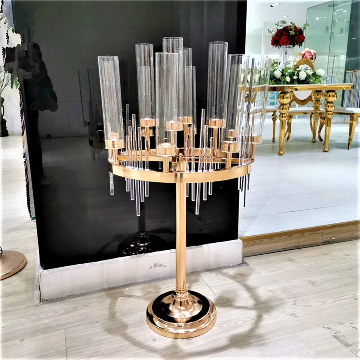 luxury metal tall metal gold wedding floor stand walkway pillar candle  holder pedestal flower stand candelabra for banquet decor