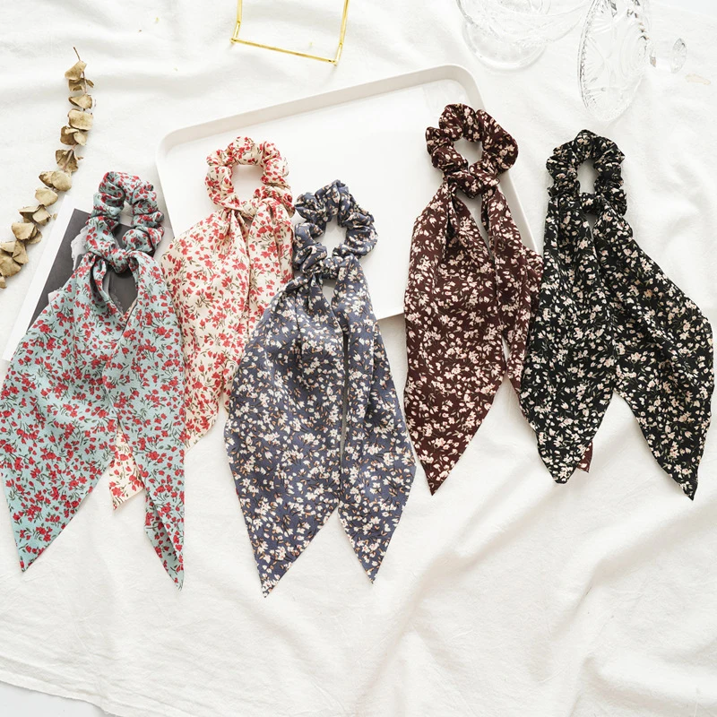 

Floral Print Hair Scrunchie Women Girls Bow Streamers Hair Rope Elastic Hair Ties Ponytail Hair Accessories Hair Ring Headwear