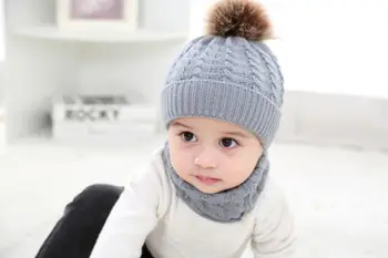 

Autumn Baby Boy Girl Hat Knitted Fur Pom Hat Winter Warm Knit Bobble Beanie Cap& Scarf Soft Material Newborn Baby Hat 202