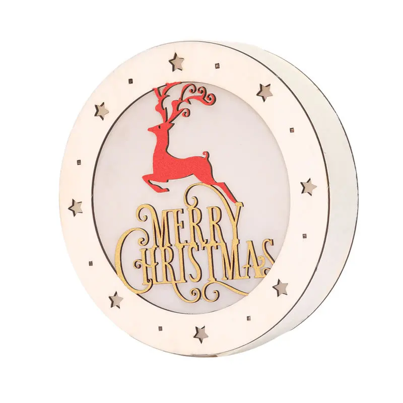 1pc LED Wood Ornament Christmas Tree Shape Wood Light Elk Table Decor Creative Table Round Stars Elk Merry Christmas Household