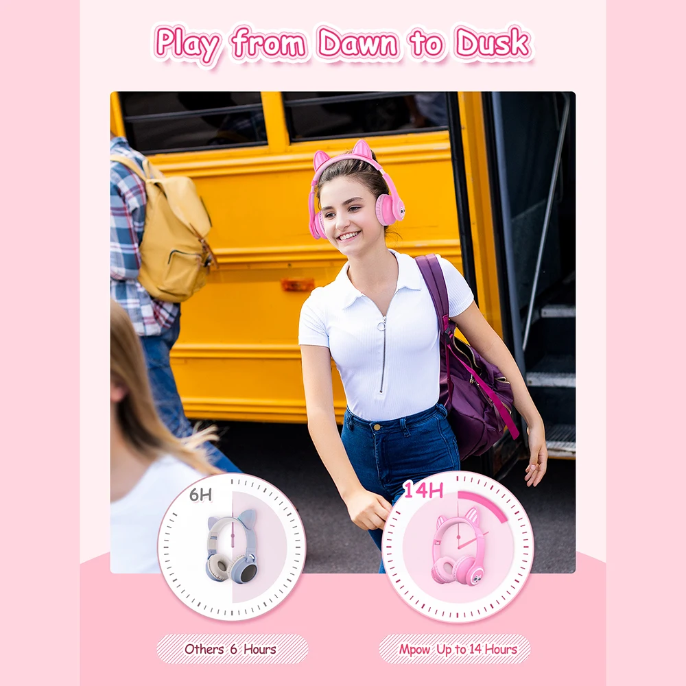 Mpow BH411 Kids Headphone Bluetooth 5 0 Wireless Headphones Cat Ear LED Headset With Volume Limite 14hrs Play Time For Laptop