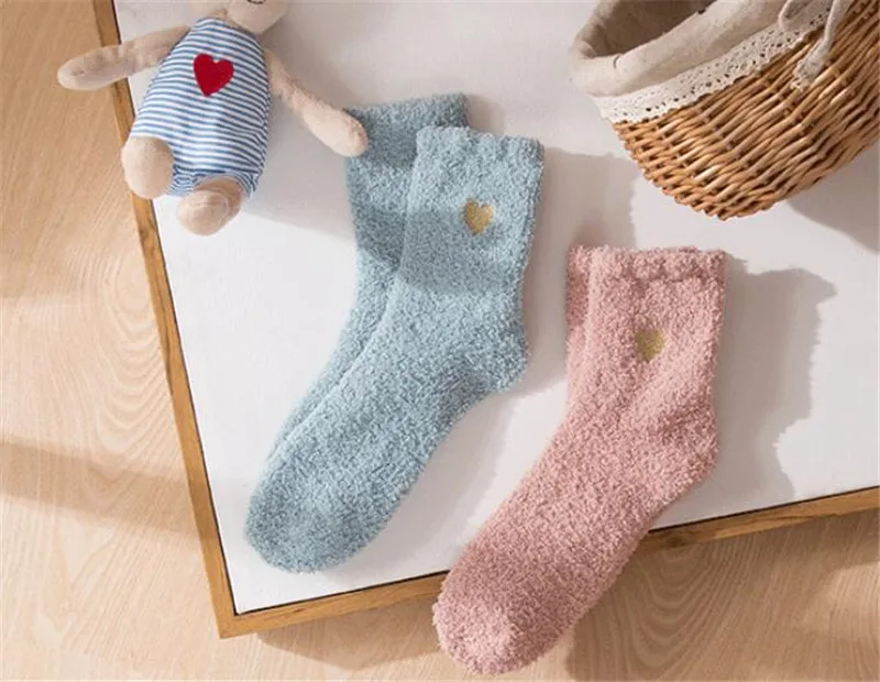 5Pairs/lot Heart print Candy Color Soft Women Fluffy Socks Coral Velvet Autumn Winter Warm Terry Towel Fuzzy Socks wholesale