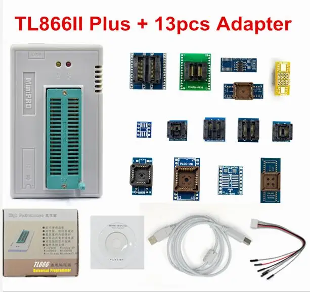 TL866II PLUS 13pcs TL866II Plus Original Universal minipro programmer TL866ii plus nand flash AVR PIC Bios USB Programmer with full adapters - Цвет: TL866II PLUS 13pcs