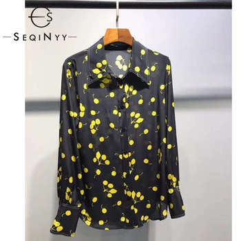 

SEQINYY 100% Silk Shirt 2020 Summer Spring New Fashion Design Women Long Sleeve Yellow Cherry Print Elegant Top