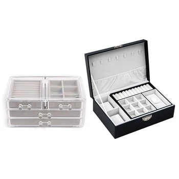 

1Pcs Leather Jewelry Box Earrings Necklace Finishing Box & 1Pcs Dustproof Three-Layer Jewelry Storage Display Box