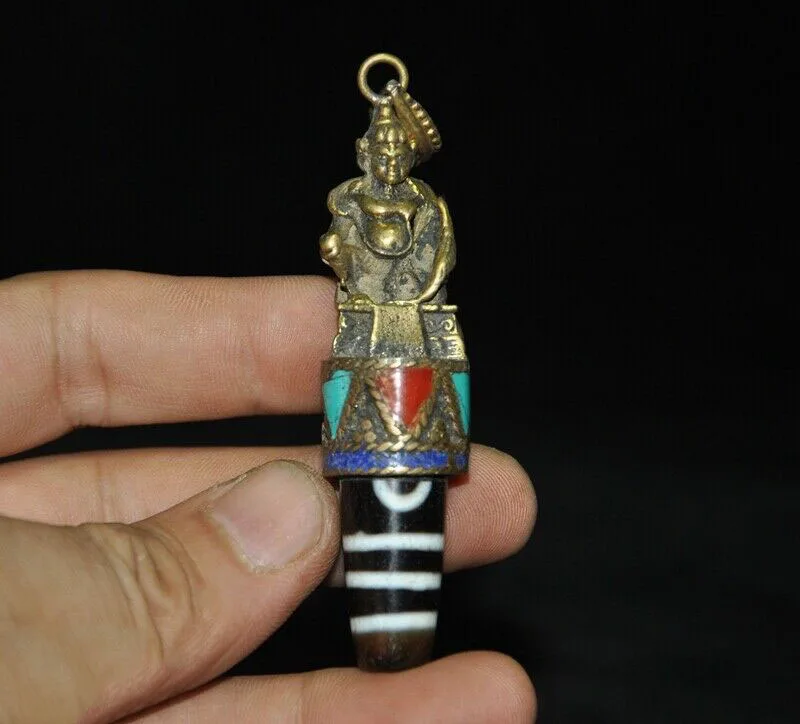 

wedding decoration 3"Tibetan Buddhism Bronze Dzi agate Yellow Jambhala amulet Pendant