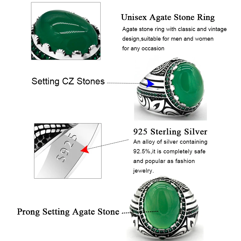 Details about   Handmade Authentic Natural Green Agate 925 Sterling Silver Men's Ring D55 