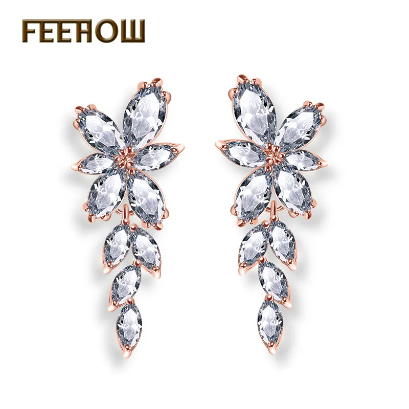 Rose Gold Color FEEHOW, длинные висячие серьги в виде цветка маркизы, циркония, кристаллов, для женщин, блестящий лист, CZ камень, свадебные ювелирные изделия FWEP167 - Окраска металла: Rose Gold Color