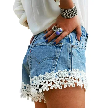 

Fashion Splice Lace Flower Short Jeans For Women Casual Relax Fit High Waist Ripped Jeans Lady Sexy Mini Thin Summer Denim Jeans