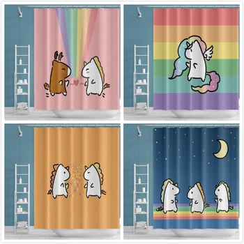 

Fashion Cartoon Small Unicorn Shower Curtains Horse Moon Star Sun Rainbow Bath Curtains Waterproof Bathroom Polyester With Hooks