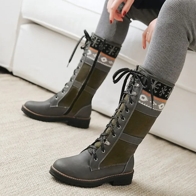 

PXELENA Hot Winter Warm Mid Calf Boots Ladies Zip Lace Up Patchwork Low Heels Riding Knight Military Combat Boots Women Shoes