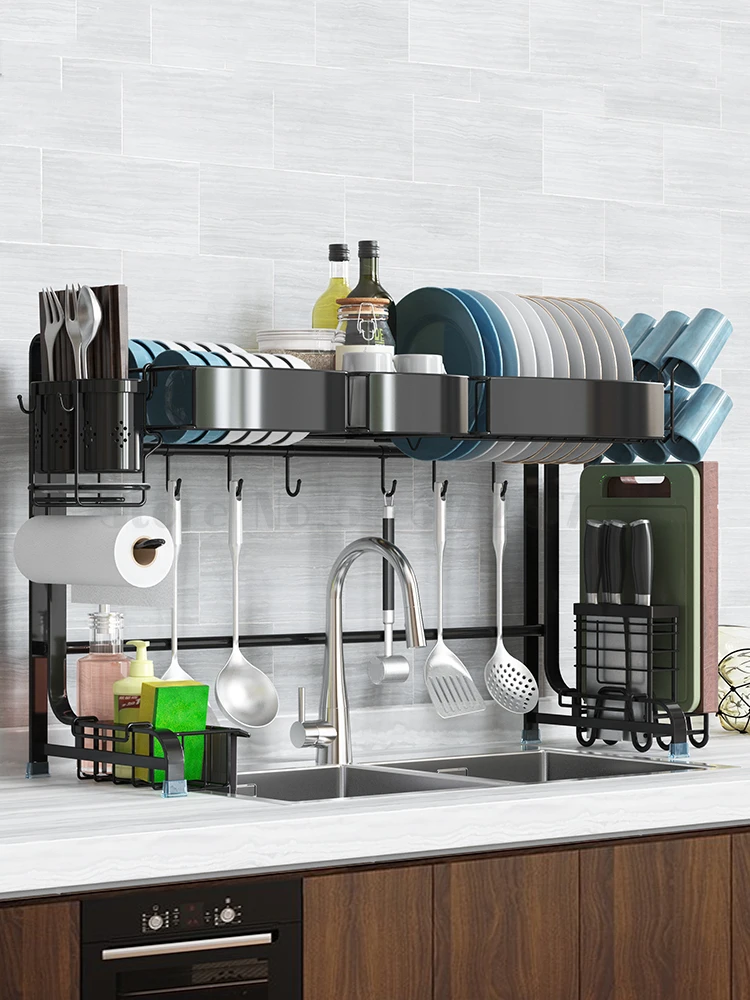 

Black stainless steel sink rack drying bowl and dish rack drainkitchen shelf home slot for storing bowls and shelves