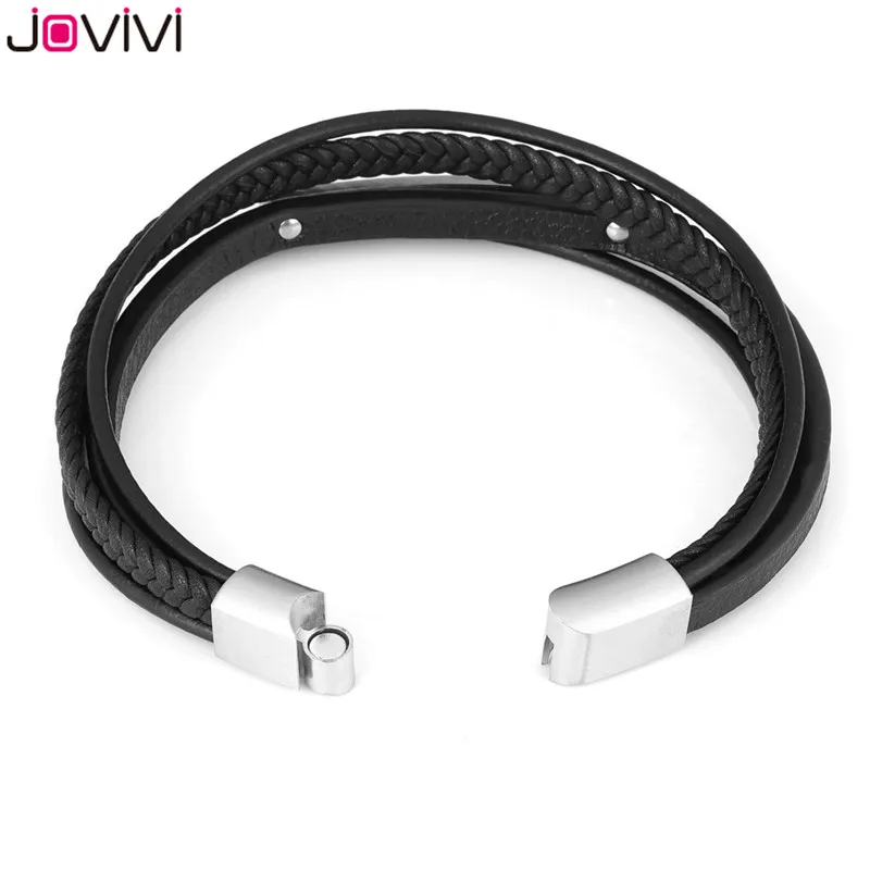 Jovivi Mens Stainless Steel Magnetic Buckle Clasp ID Tag Bracelet 4 Layer Genuine Leather Multi-Layer Wristband Cuff Wrap Bangle
