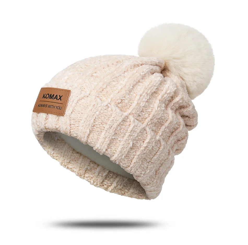 Модная зимняя женская шапка, мягкая Толстая зимняя теплая шапка, одноцветная вязаная шапка с помпоном, аксессуары для одежды, czapka zimowa
