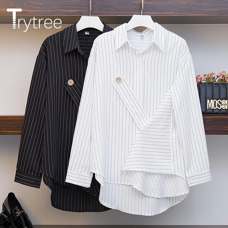 

Trytree 2019 Autumn women Casual Blouse Turn-down Collar Single Breasted Striped Button Loose Dress Fashion Office Lady Blouse