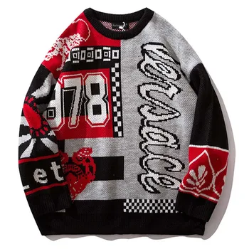 

Sweater Men Letter Color Block Mens Pullover Fashion Harajuku Style Male Sweaters Casual Knitted Hip Hop Sweater Autumn