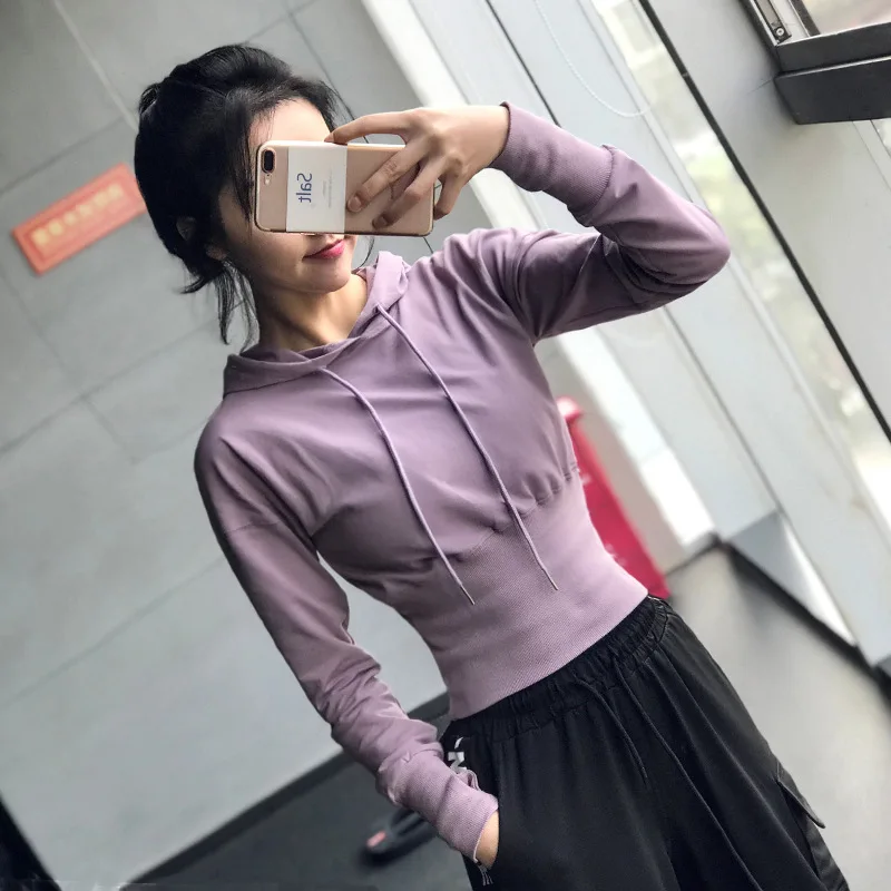 Purple Спортивная футболка с длинным рукавом и капюшоном для фитнеса, йоги, укороченный топ, женская спортивная одежда, спортивная толстовка из Джерси, куртка для бега, спортивная одежда - Цвет: Purple