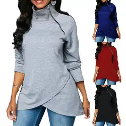 Женский Повседневный однотонный пуловер на молнии с высоким воротом и длинным рукавом с асимметричным подолом из