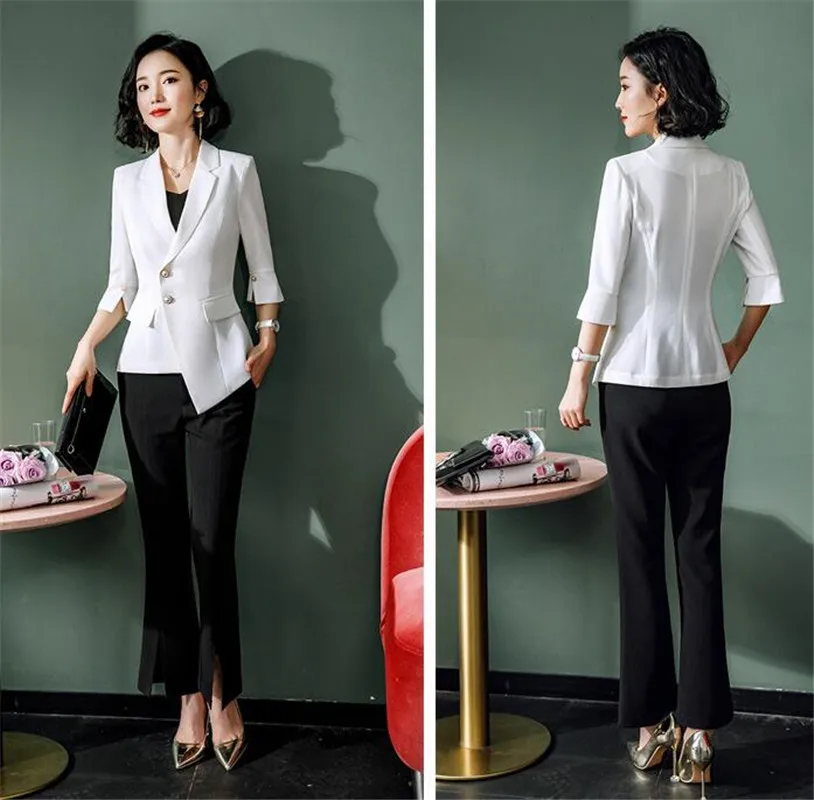 

Black Pants with White Coat Notch Lapel Lady Women Suit Spring Autumn Slim Professional 2 Pcs Suit Women's Pantsuit Custom Made