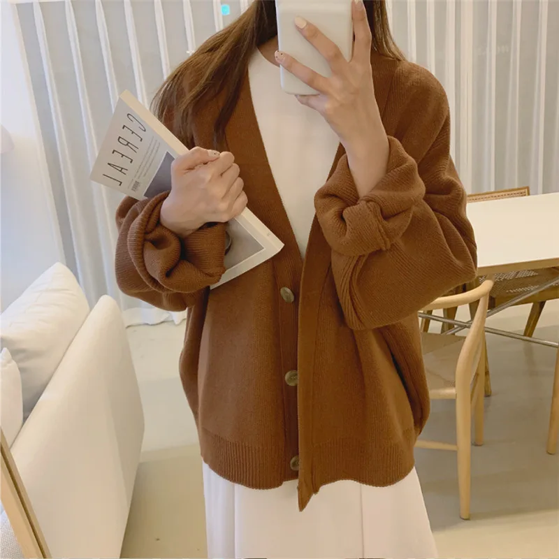 Autumn New Arrival Sweet Gentle Solid Color Loose Single-breasted Student Long-sleeved Knit Sweater Female Free Shipping