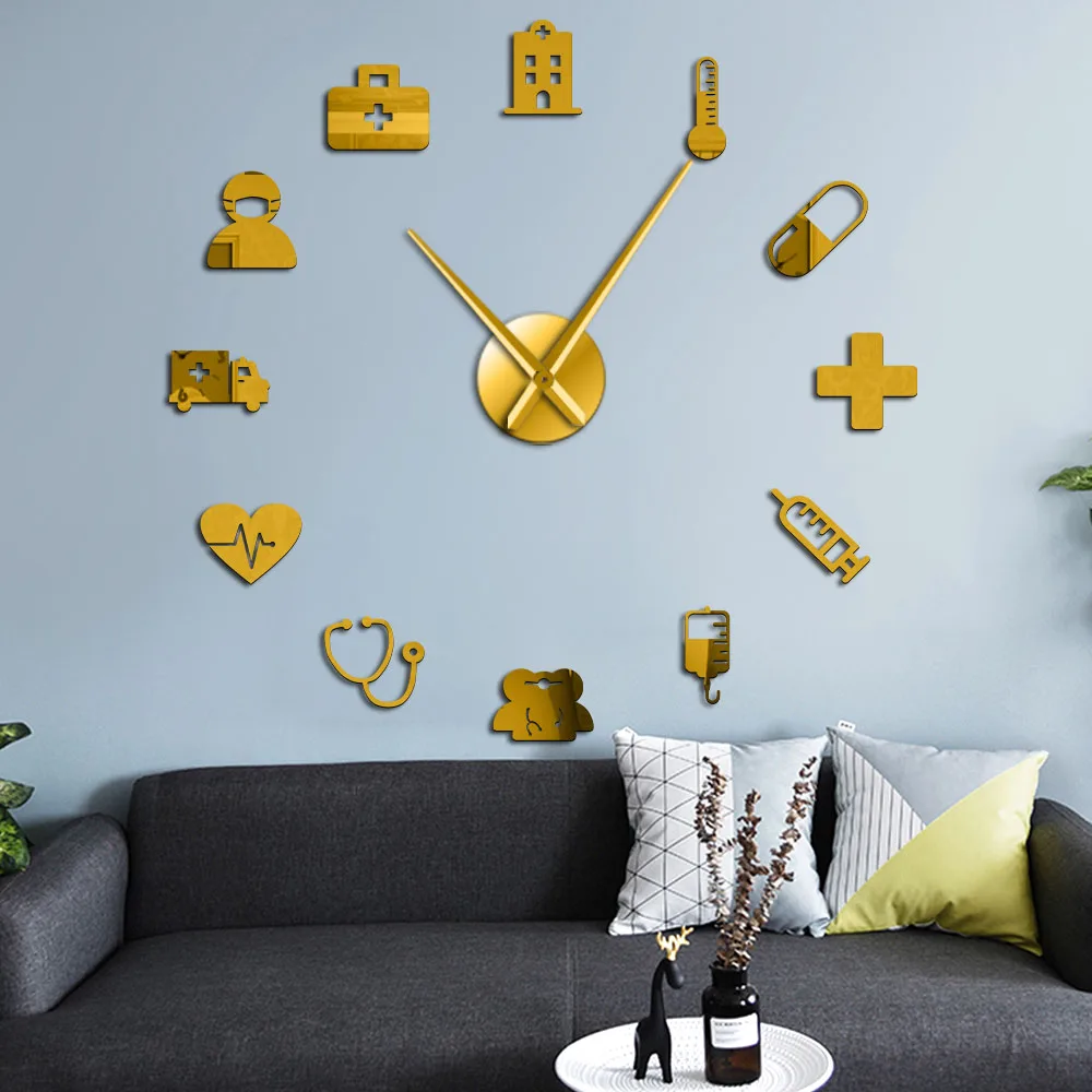 Medicine Heath Care Ambulance Large Wall Clock DIY Acrylic Mirror Wall Stickers Medical Art Hospital Clinic Decor Art Clock