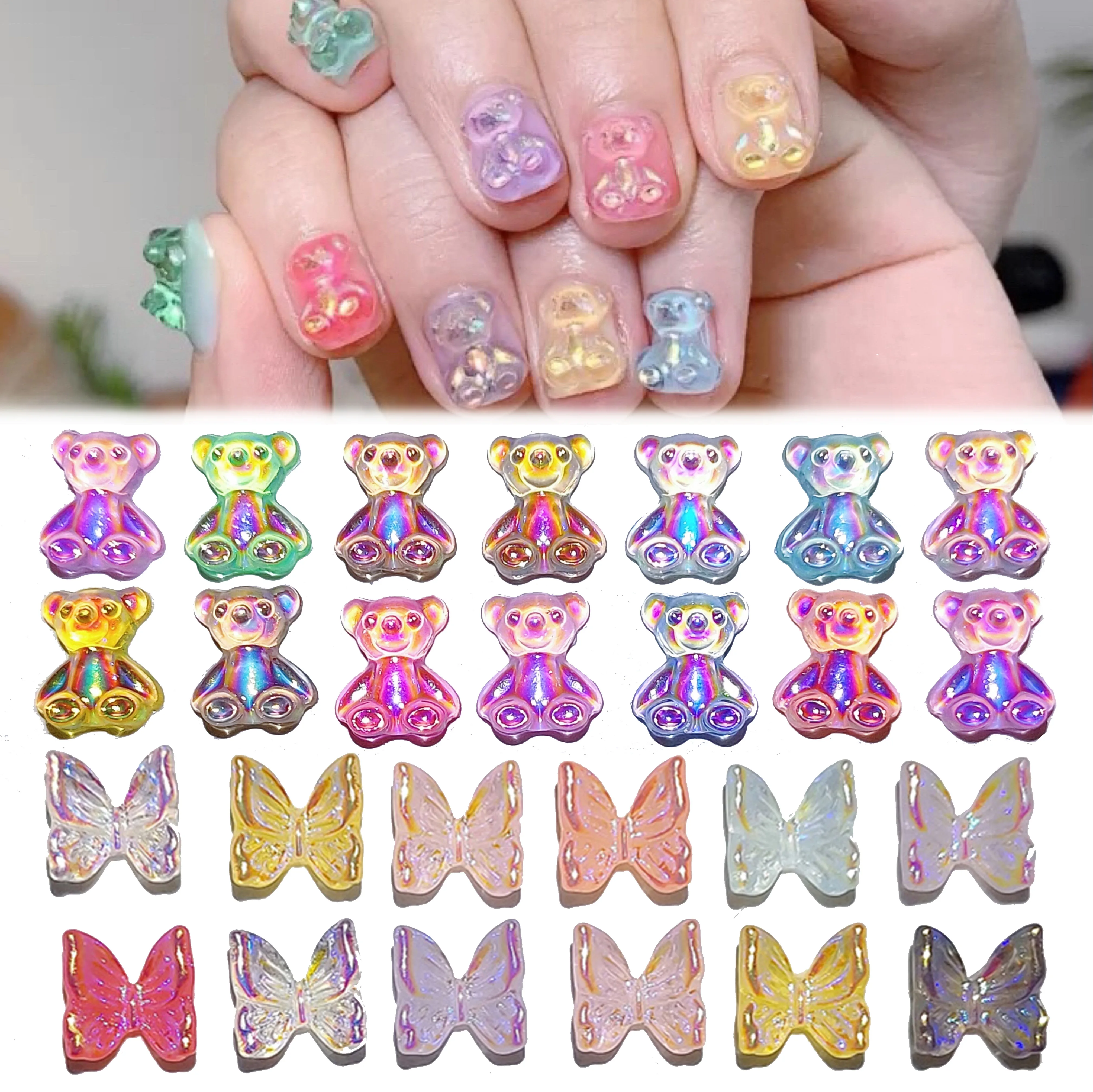 

50pcs Crystal Candy Bear Soft Nail Art Decorations Cartoon Aurora Butterfly Nails Sticker 3D DIY Manicure Accessories Illusion