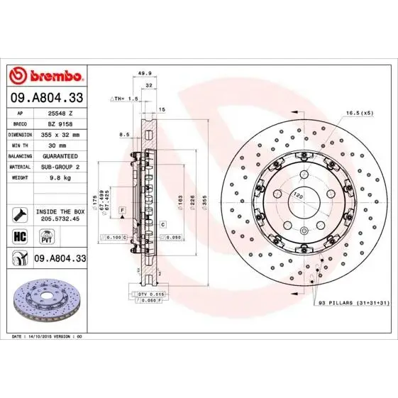 Диск тормозной передний перфорир.\ GM BREMBO 09.A804.33