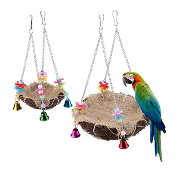 

Parrot Toys Rattan Bird Nest With Hanging Chains And Bells Handmade Simulation Nest Bird Swing Toy Bird Accessories2020