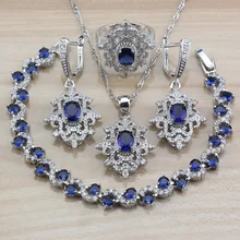 Синий кубический цирконий, высокое качество, свадебные аксессуары, 925 пробы, серебро, 4 шт., ювелирные наборы, серьги, браслет и кольцо, женские наборы