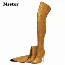 Msstor/пикантные высокие сапоги до бедра в стиле ретро; коричневые вечерние сапоги на высоком тонком каблуке со змеиным принтом; женская зимняя обувь с острым носком
