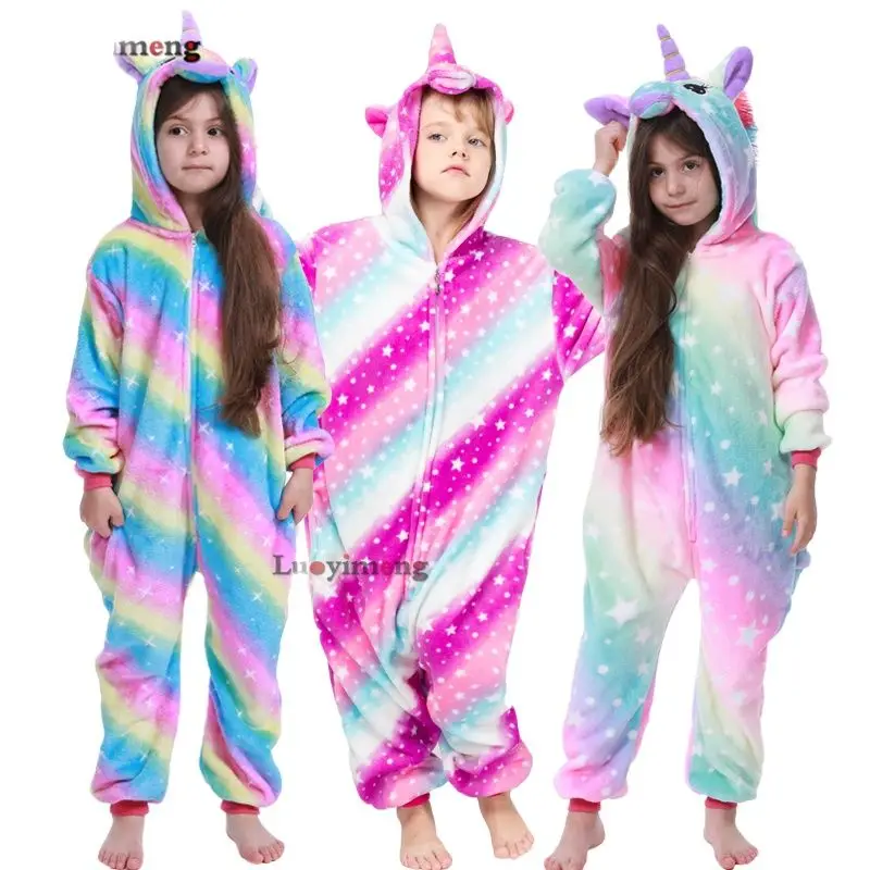 Зимние пижамы кигуруми для девочек и мальчиков одежда сна с единорогом ползунки