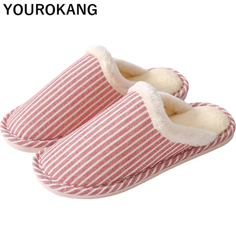 

2020 Warm Women Slippers Winter Women Plush Shoes Floor Unisex Couple Striped Home Slippers Indoor Bedroom Cotton Shoes Cheap