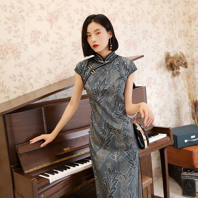 240 Китайское традиционное шелковое платье Cheongsam, длинное, ручная работа, на пуговицах, Qipao Vestido, восточные Платья для вечеринок, большие размеры 4XL - Цвет: 240