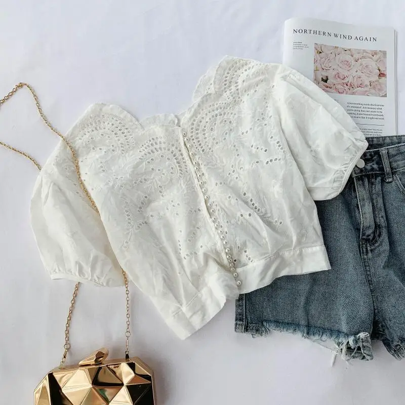 Женские топы лето 100% хлопок новинка супер пузырьковый рукав короткий стиль белая