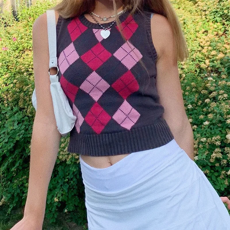 Meladyan Women’s Argyle Geo Plaid Knitted Sweater Vest V Neck 90s E-Girls Preppy England Style Knitwear Tank Tops